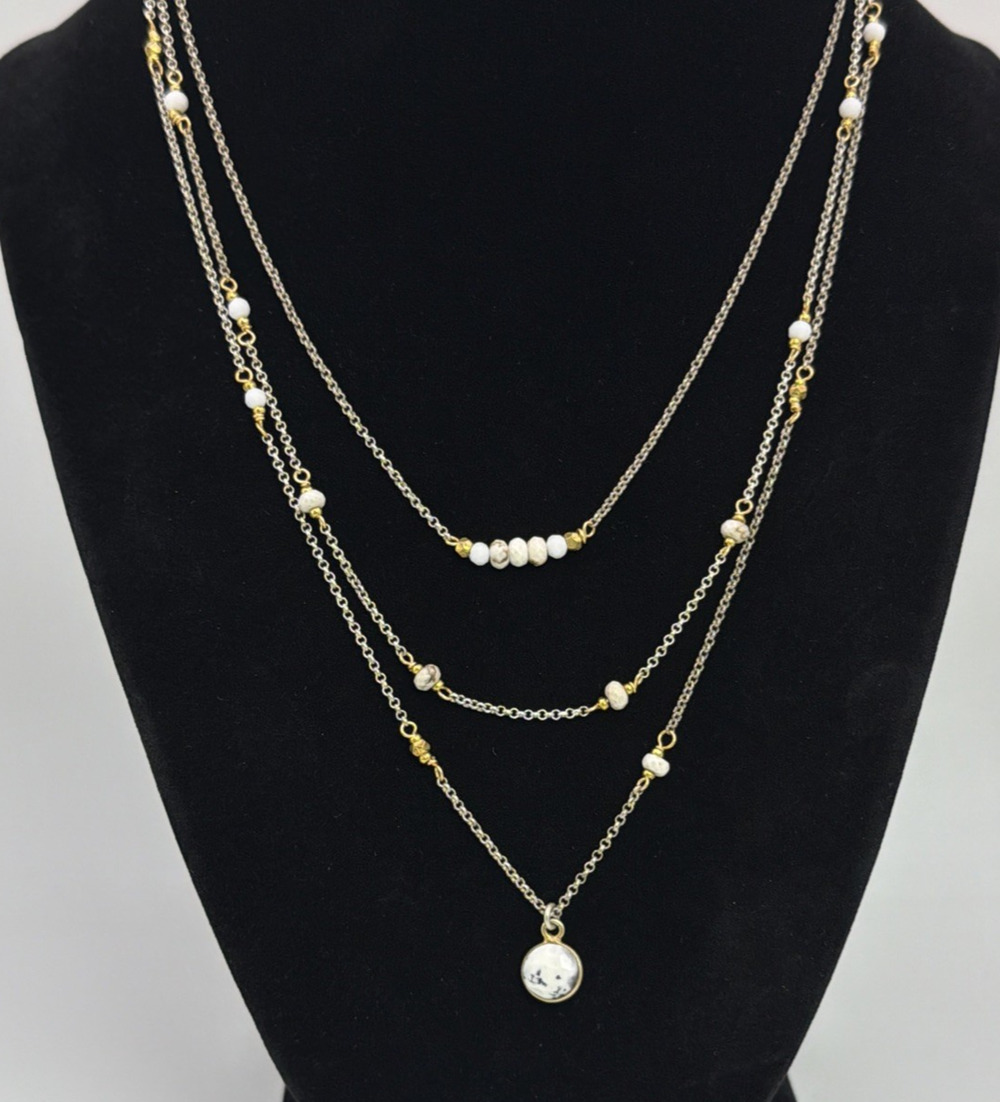 Nakamol Triple Layered Gold and Silver Tone Necklace Stone Pendant Dainty Modern